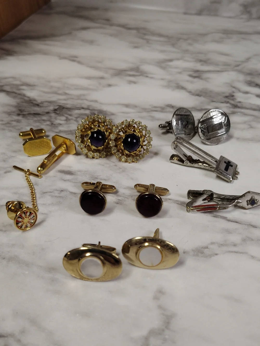 Vintage Mixed Cufflink & Tie Clip Set - Gold & Silver Tones
